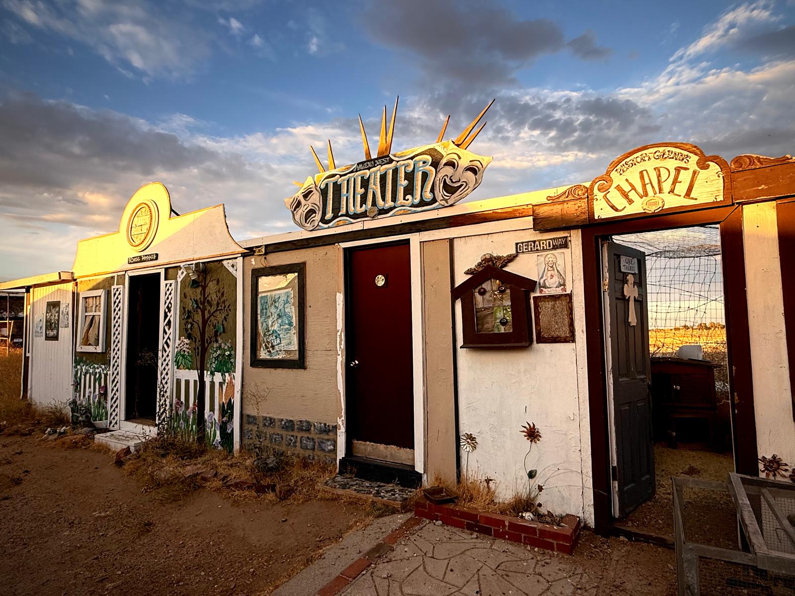 The hand-painted theater and Pastor Glenn's chapel at golden hour