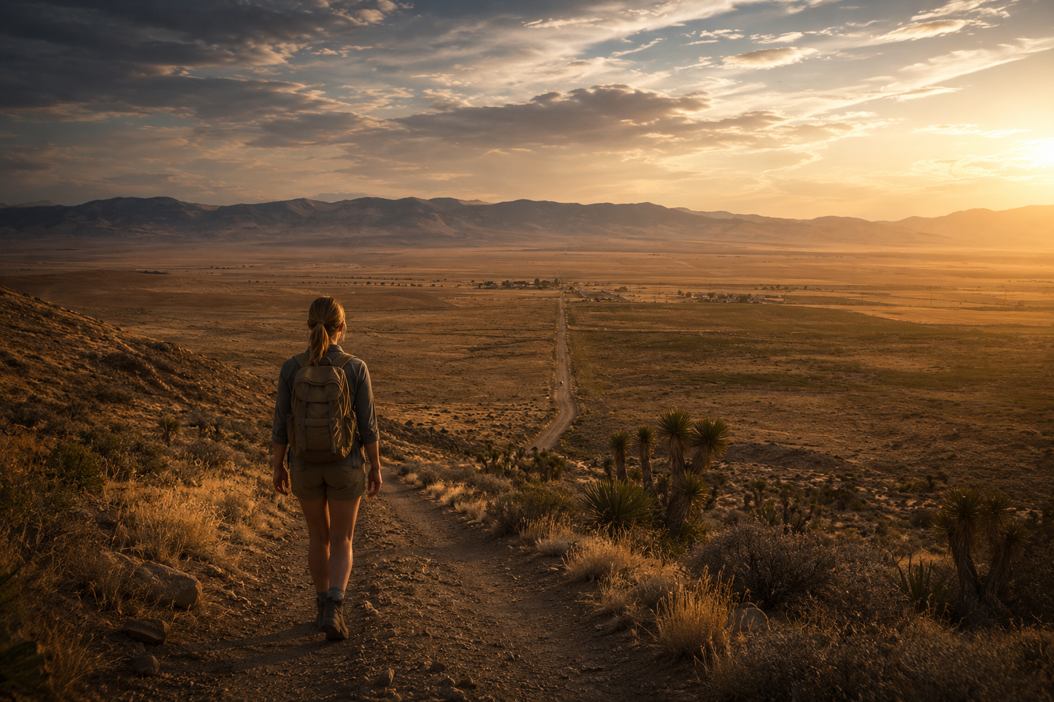 A lone hiker on the dirt road into the valley at last light