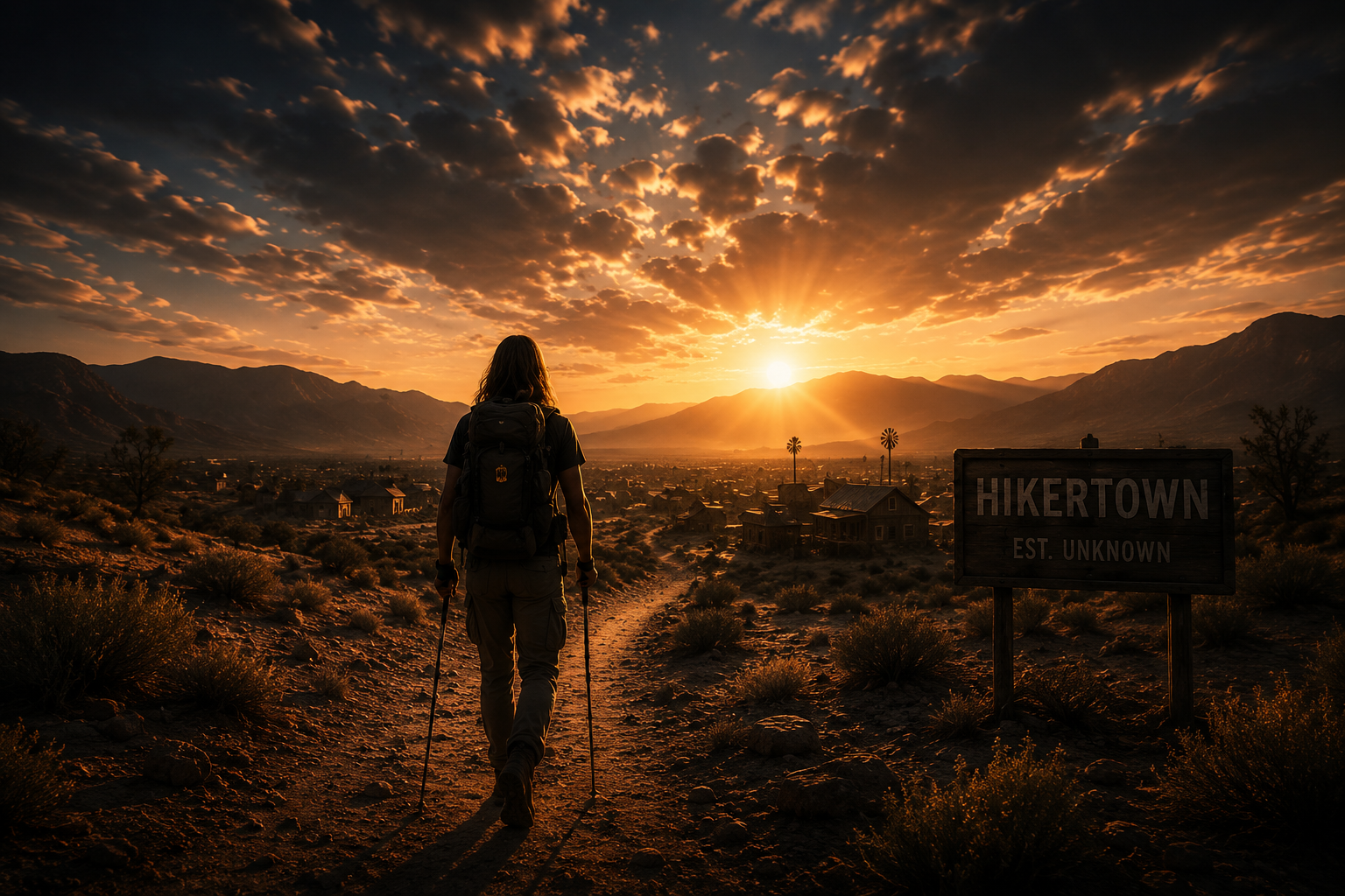A hiker walking past the Hikertown sign toward the sunset